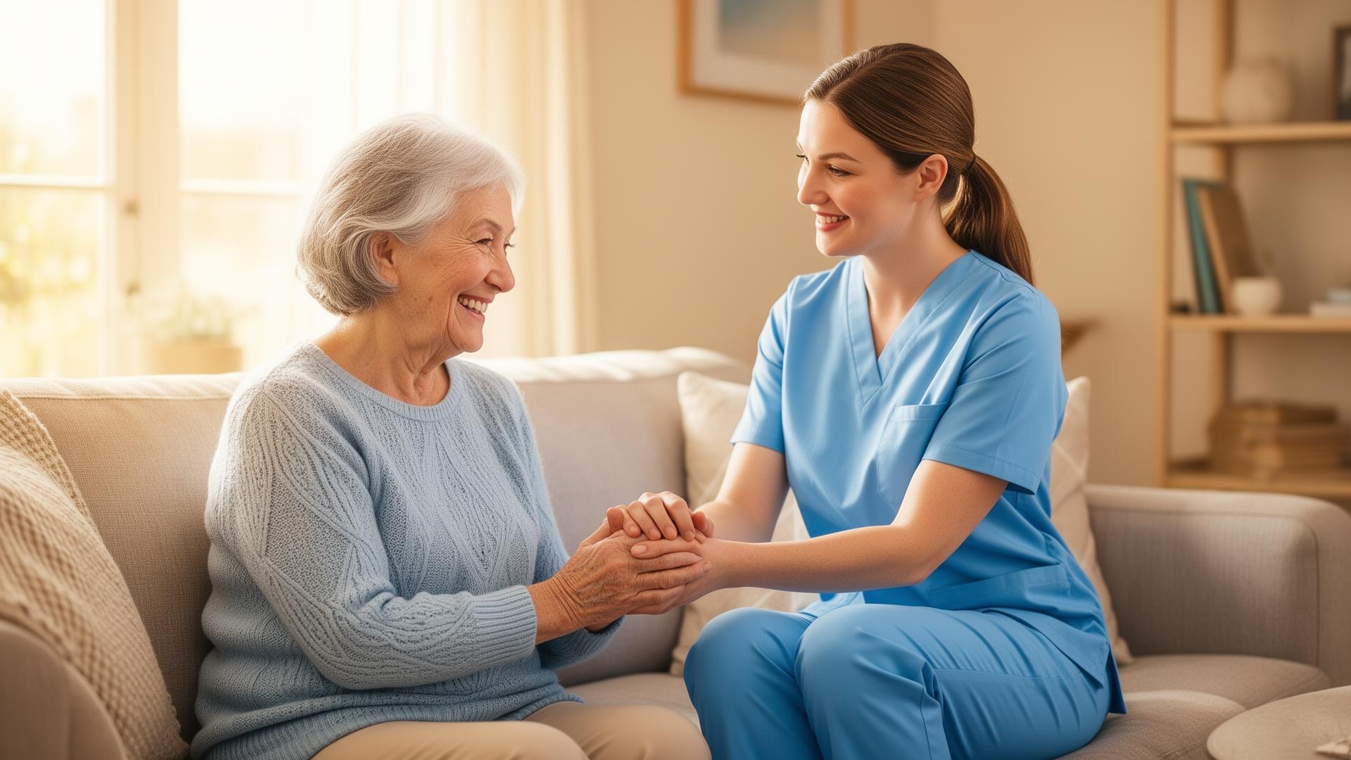 A caregiver gently holds the hands of a smiling elderly woman in a sunlit living room