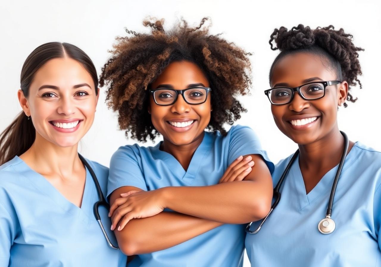 Three smiling caregivers in blue scrubs